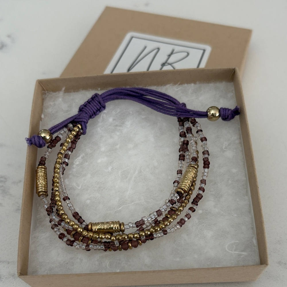 Purple Cord Multi-Strand Beaded Bracelet with Gold Accents